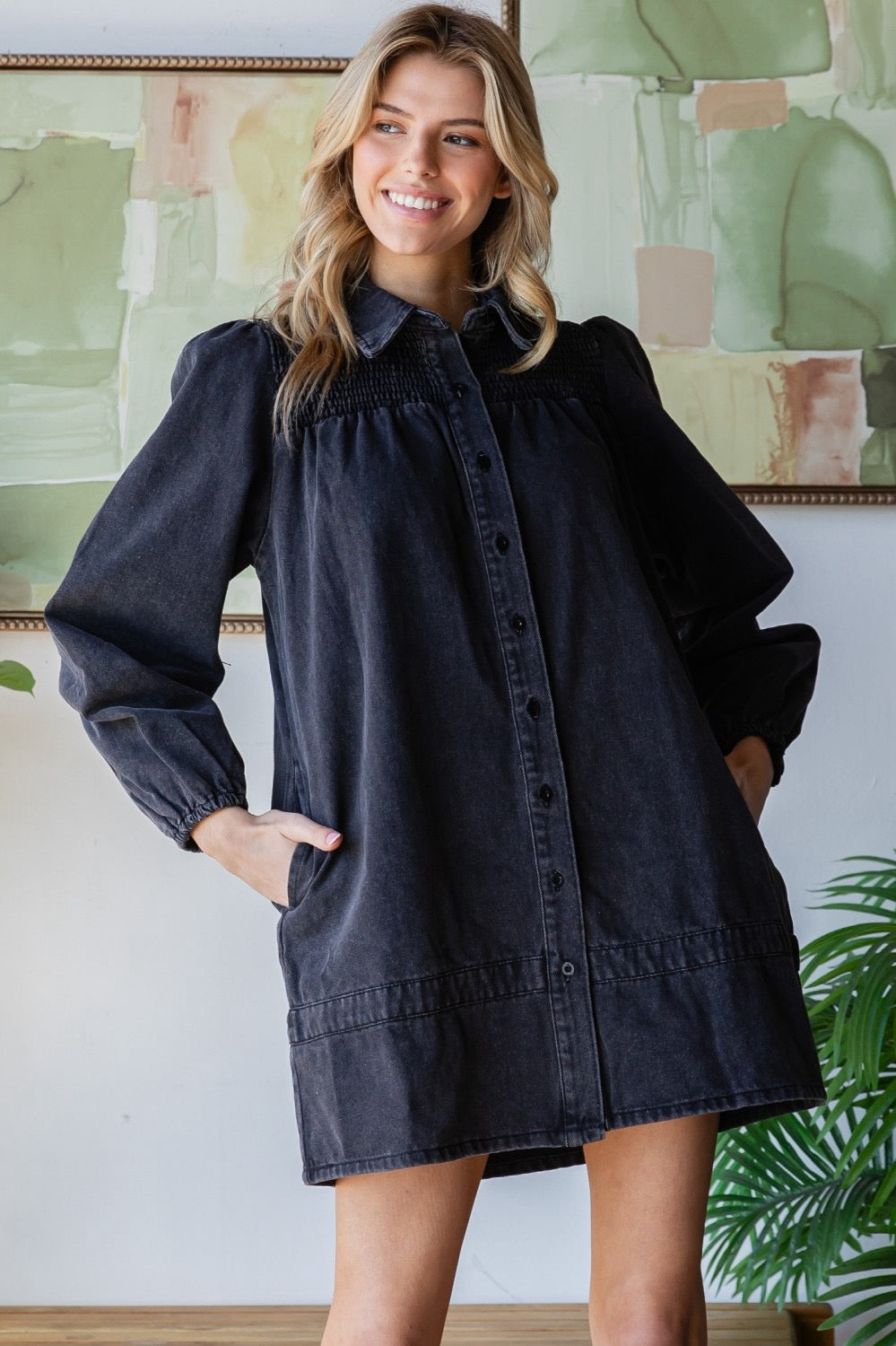 Smocked Black Denim Dress