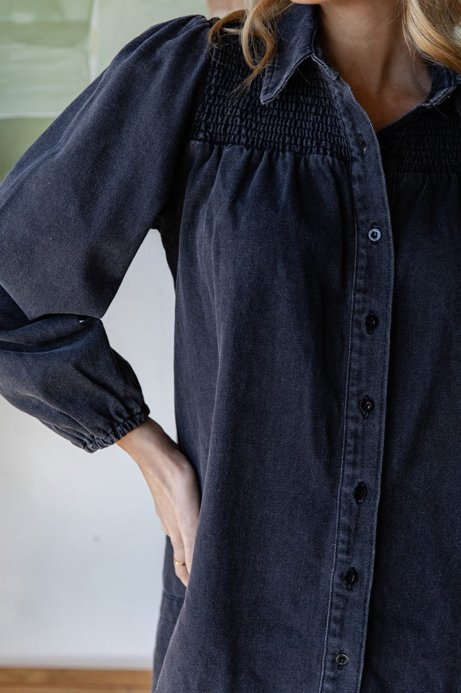 Smocked Black Denim Dress