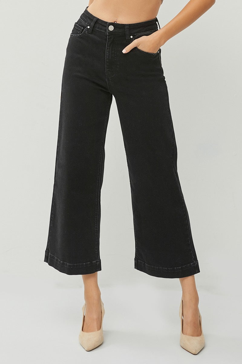 Risen High Rise Ankle Wide Leg Black Jean