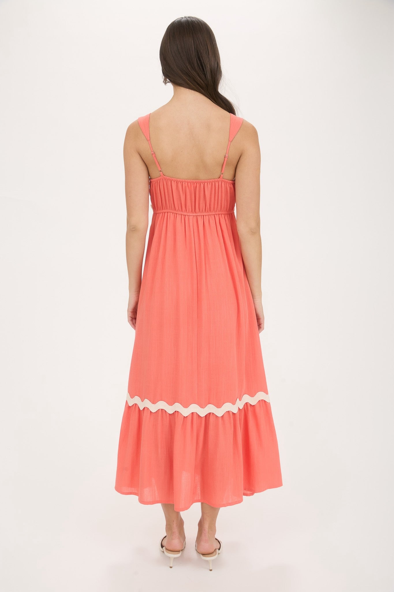 Coral Wavy Trim Empire Waist Sleeveless Midi Dress