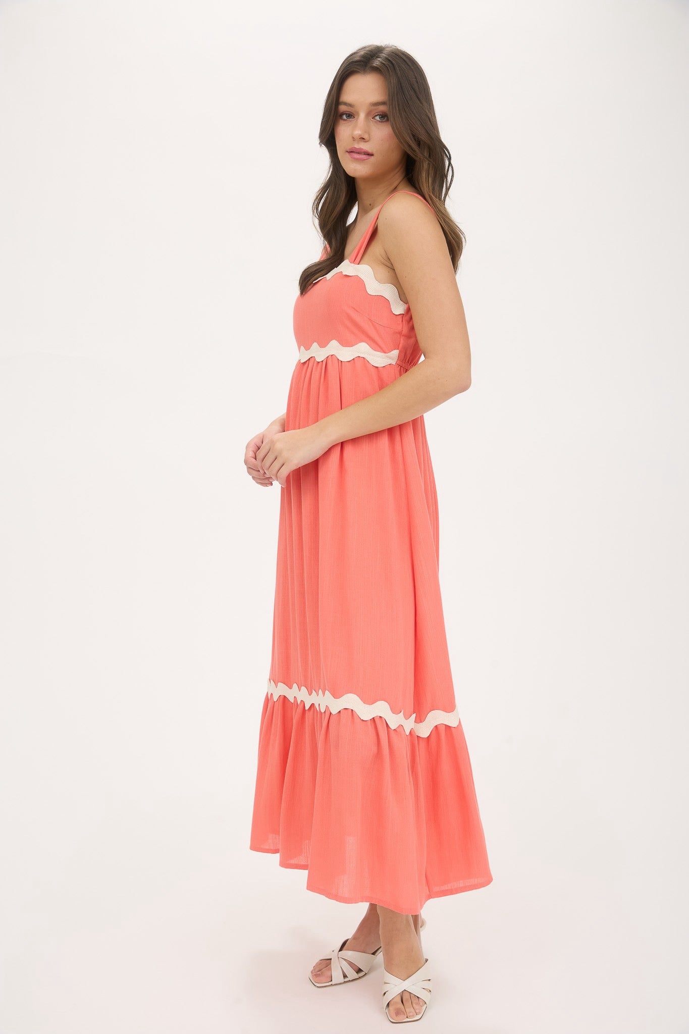 Coral Wavy Trim Empire Waist Sleeveless Midi Dress