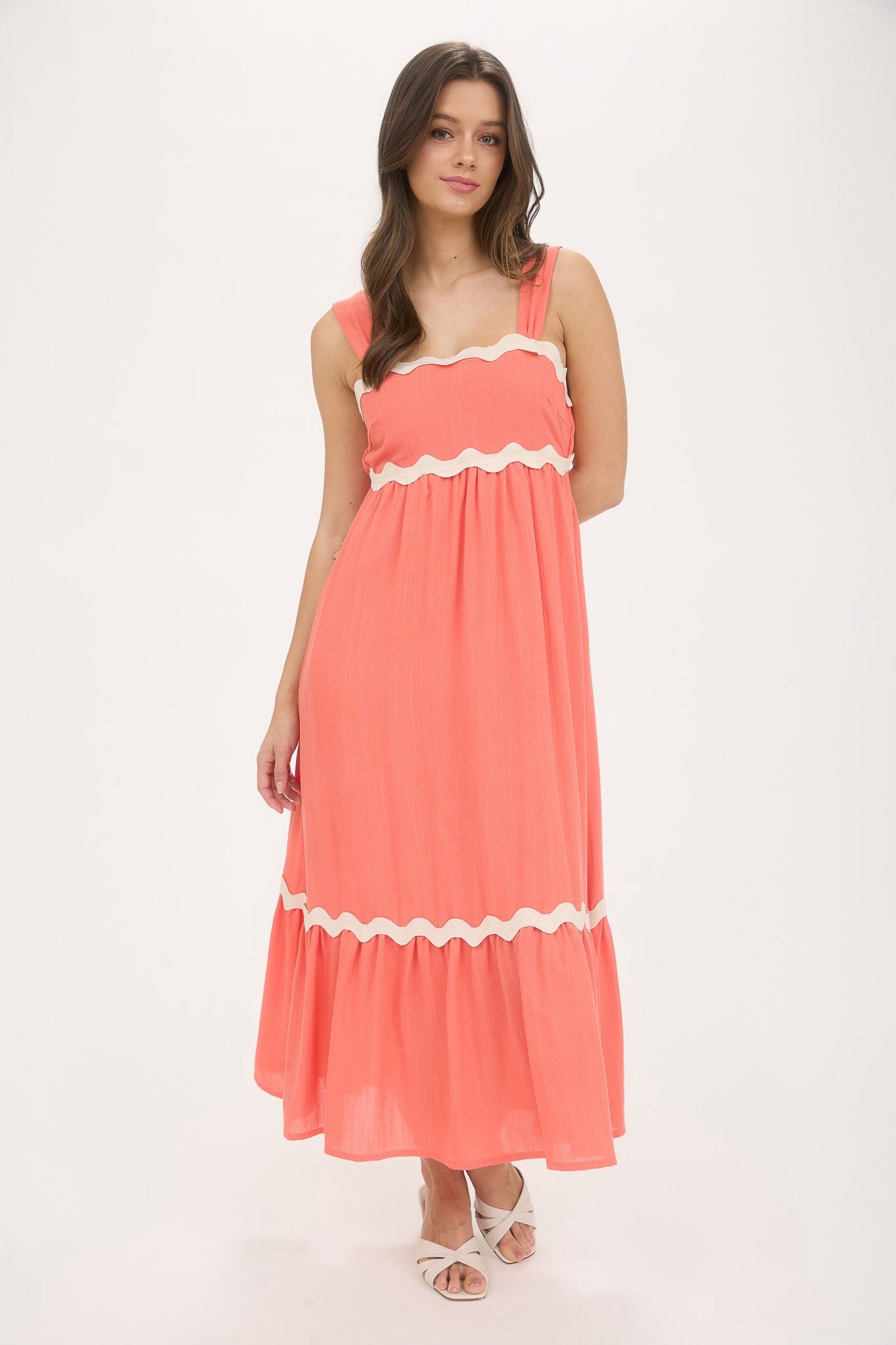 Coral Wavy Trim Empire Waist Sleeveless Midi Dress