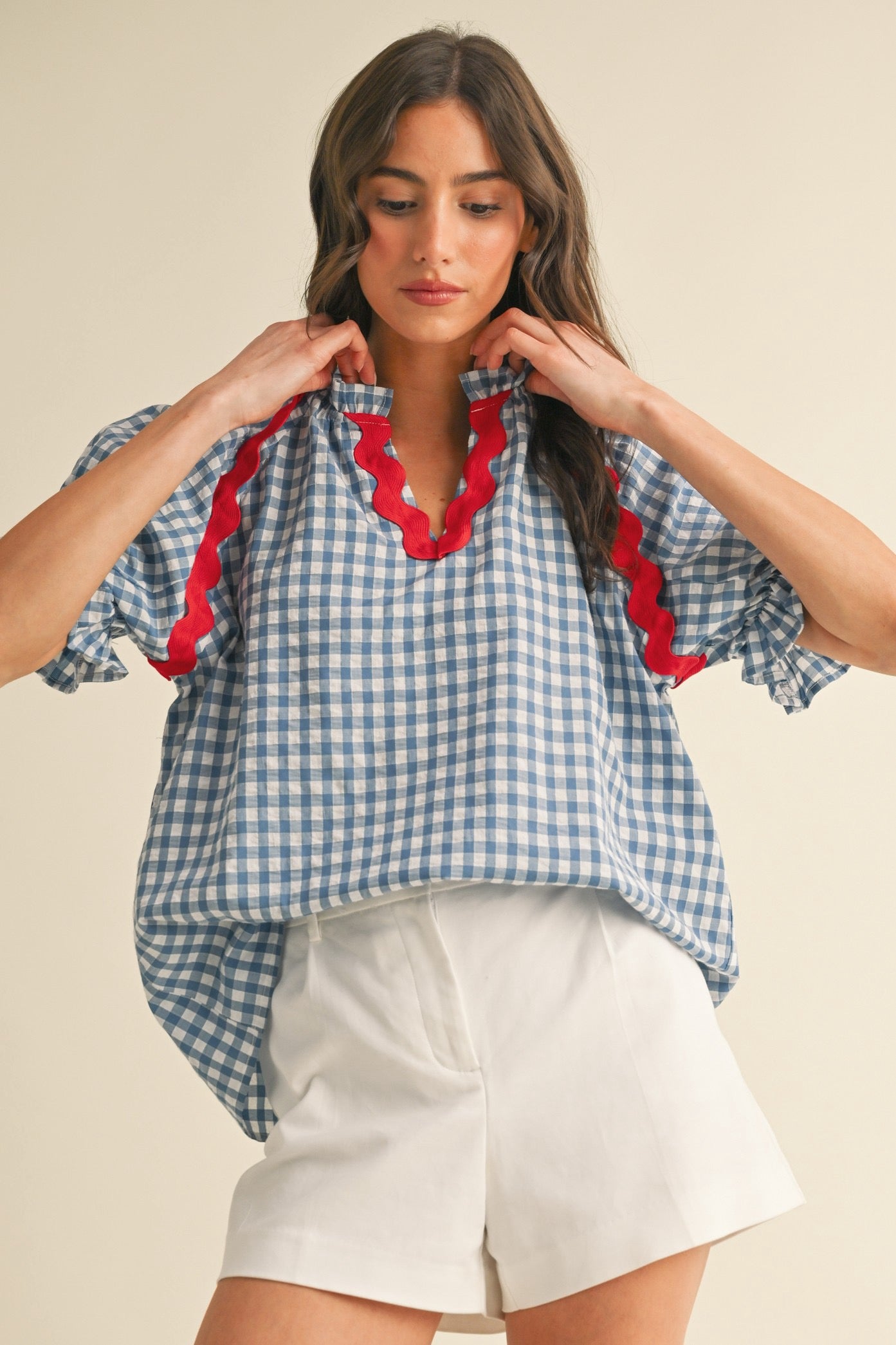 Ric-Rac Trimmed Gingham Check Puff Sleeve Blouse