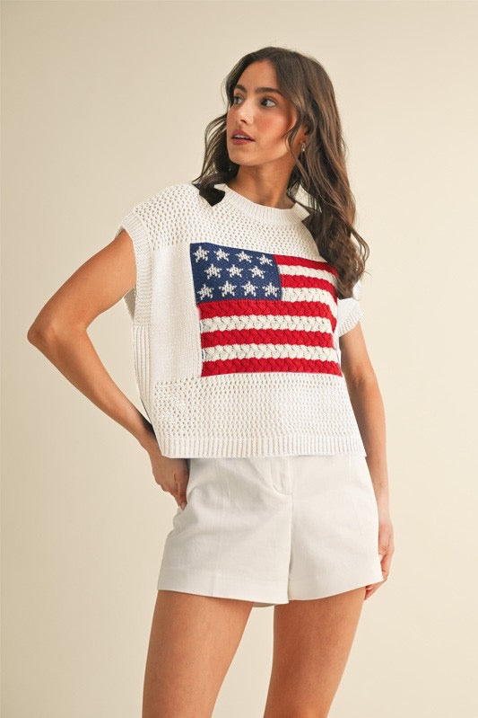 American Flag Open Stitch Sweater Top
