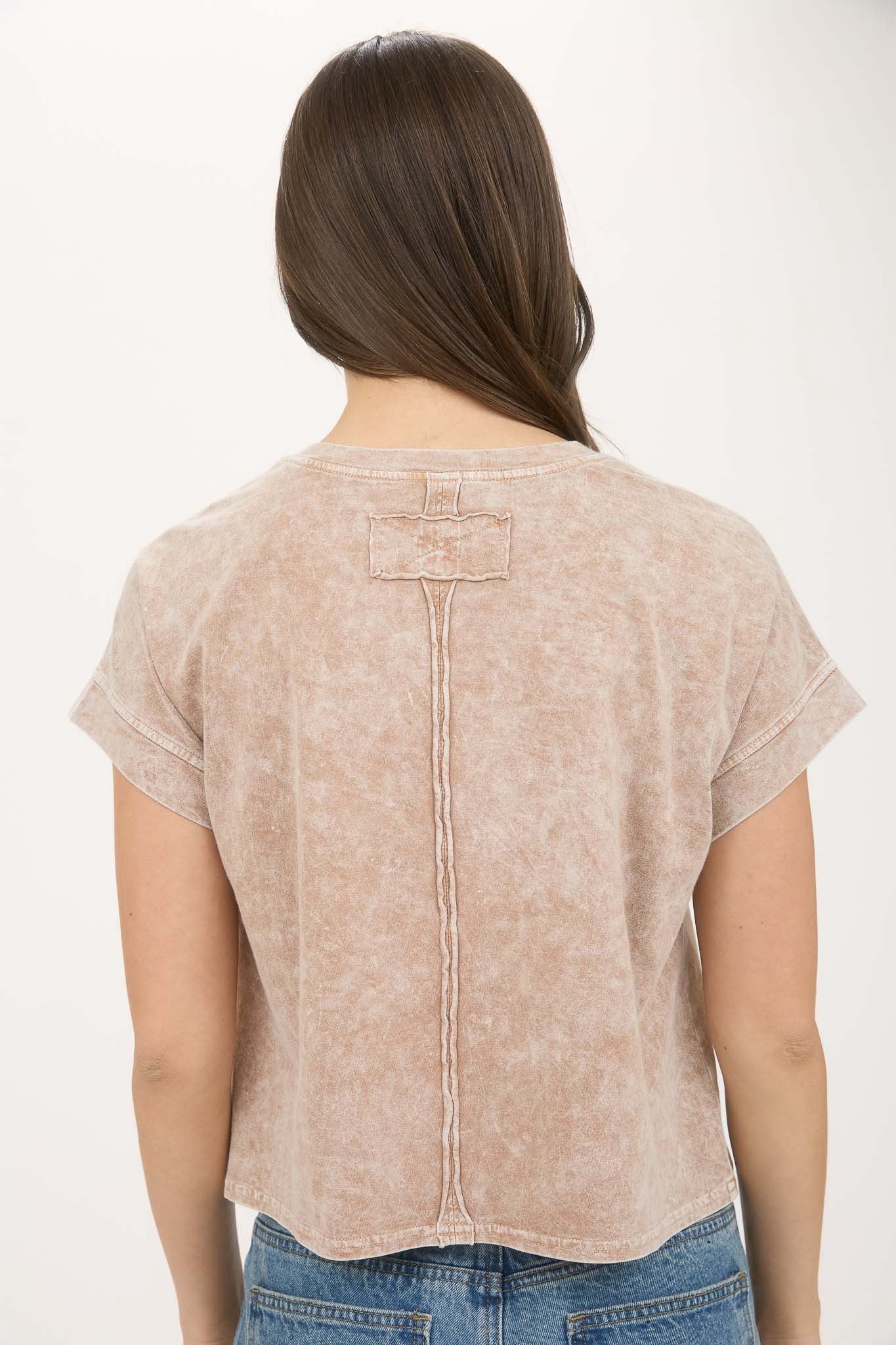 Cocoa Washed Extended Shoulder Short Sleeve Knit Top