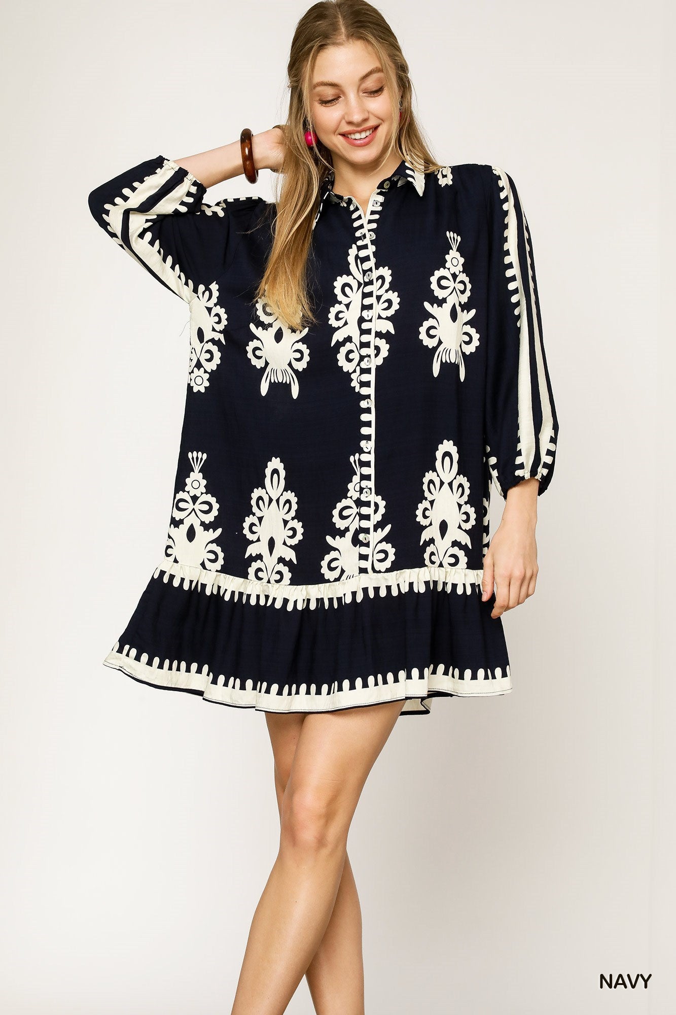 Navy Border Print Tiered Hem Dress