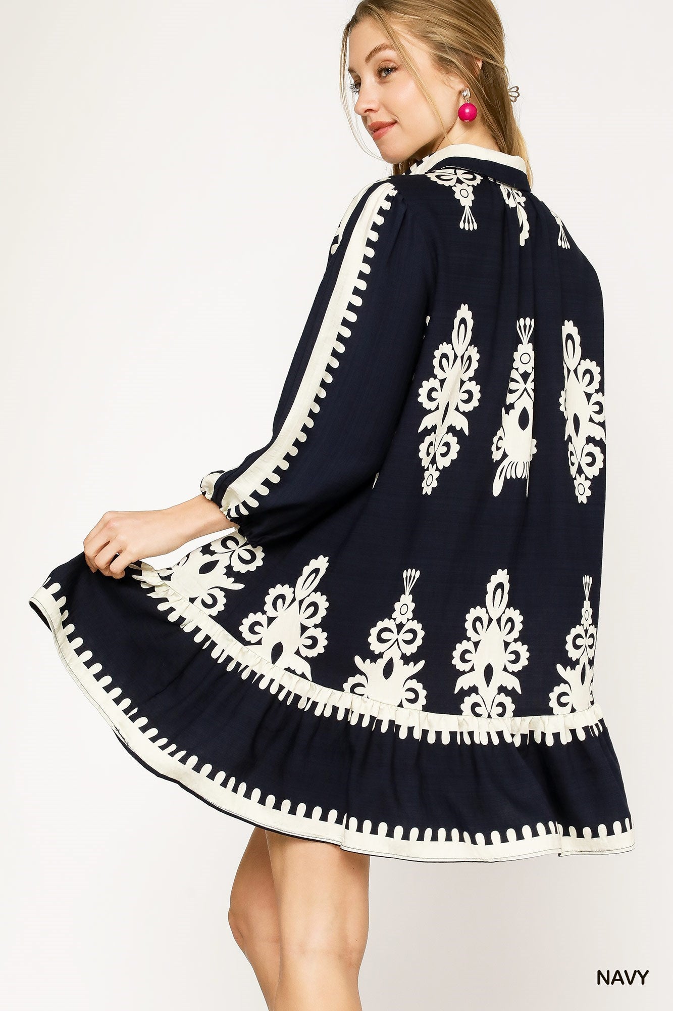 Navy Border Print Tiered Hem Dress