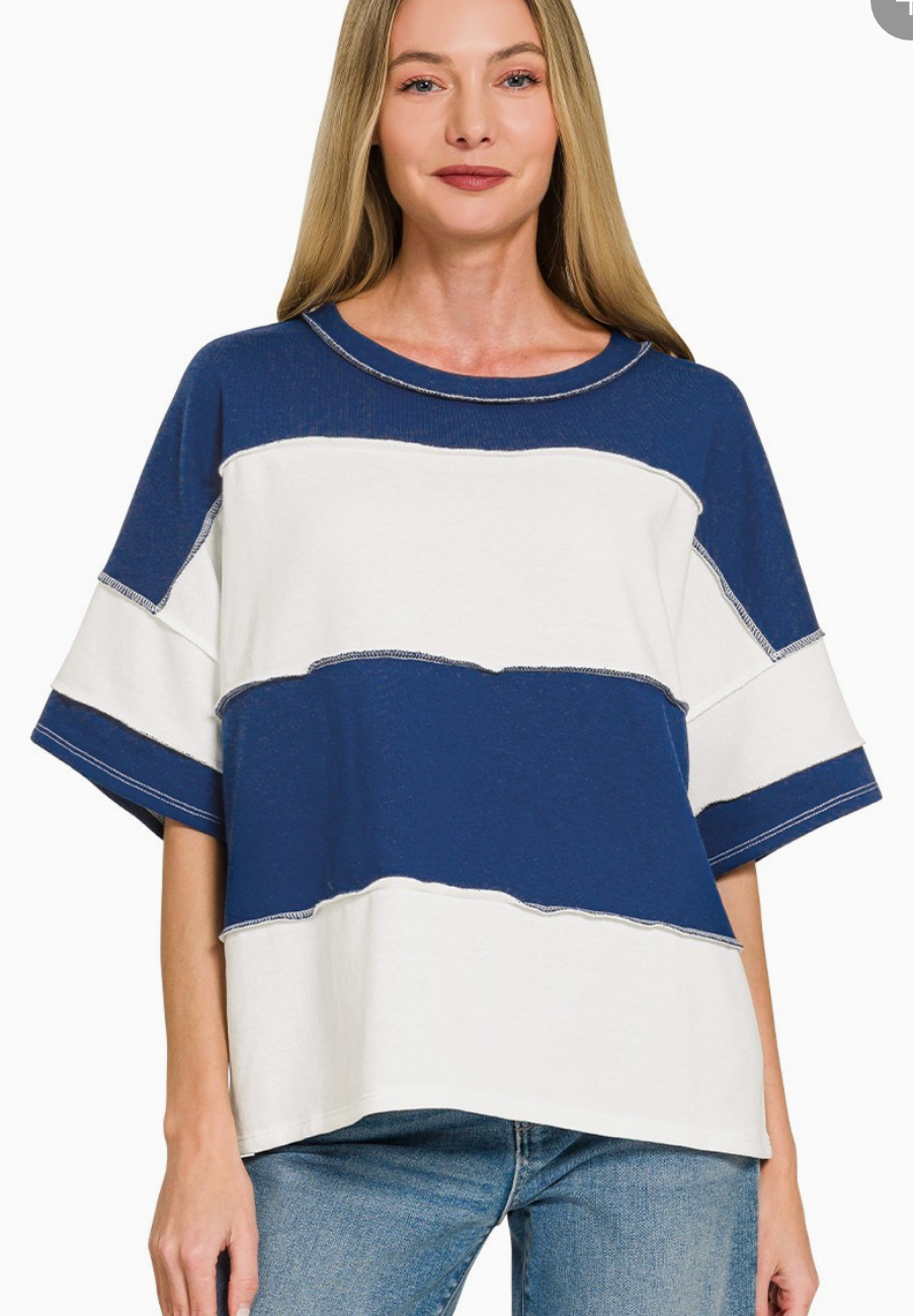 French Terry Color Block Exposed Seam Top