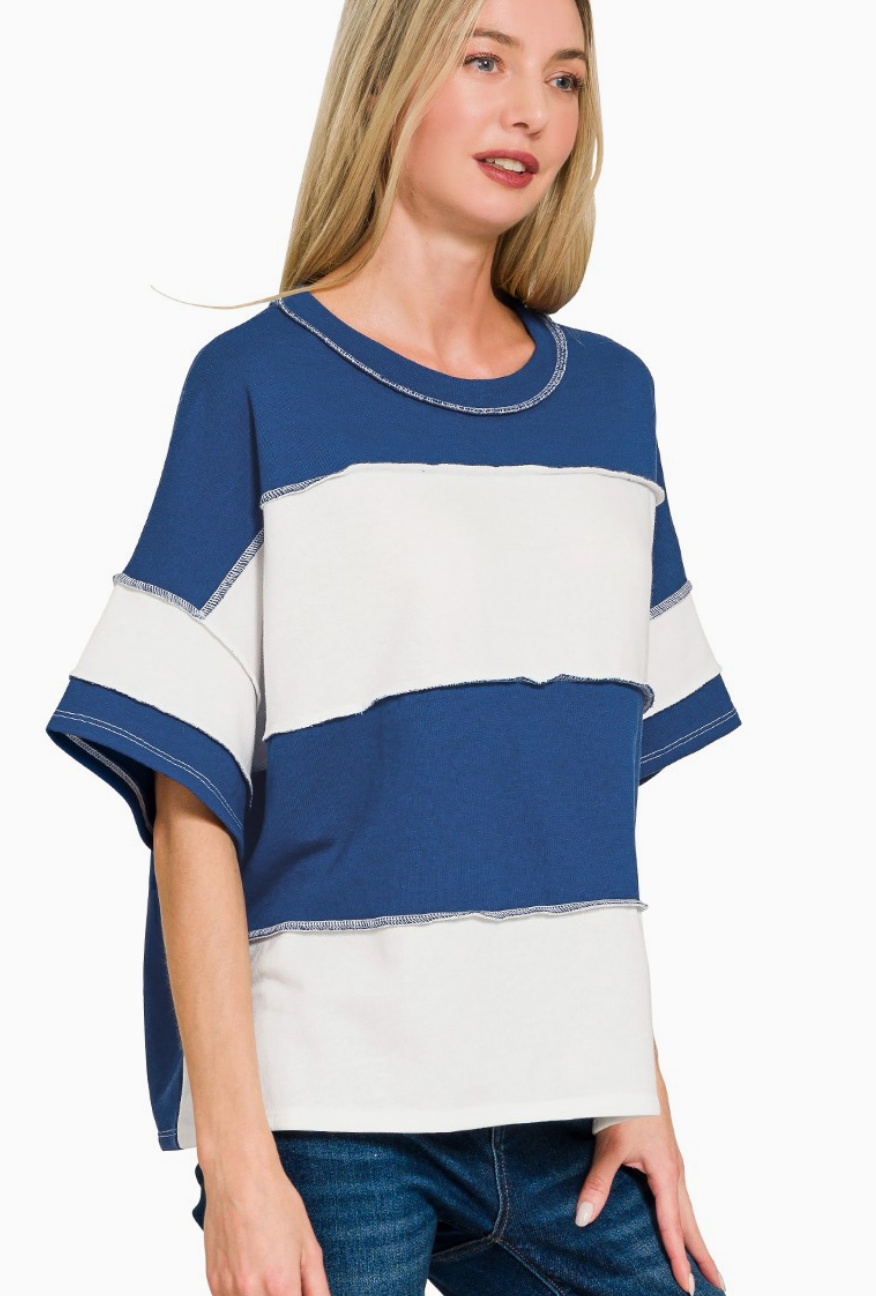 French Terry Color Block Exposed Seam Top
