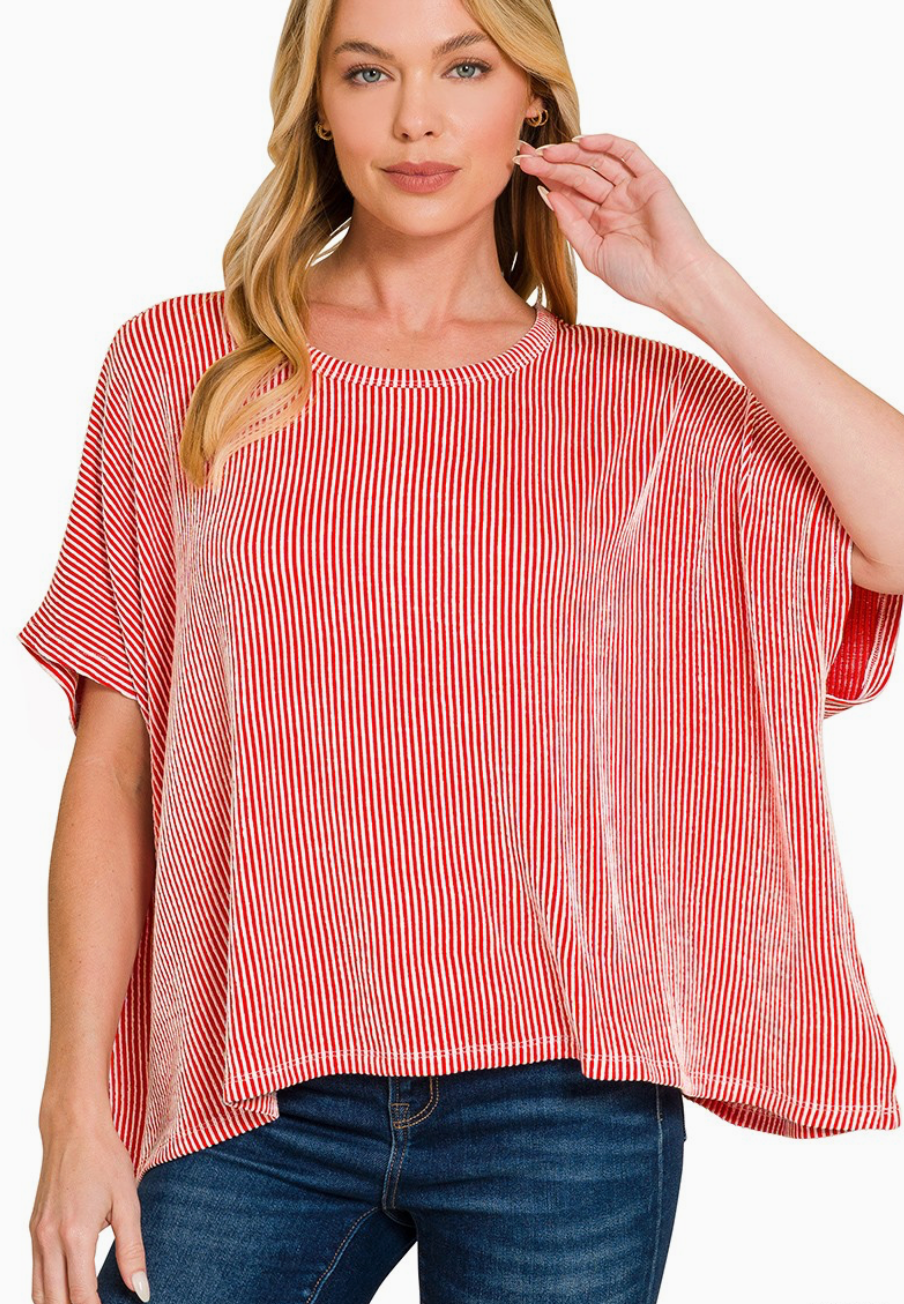 Ribbed Striped Oversized Short Sleeve Top