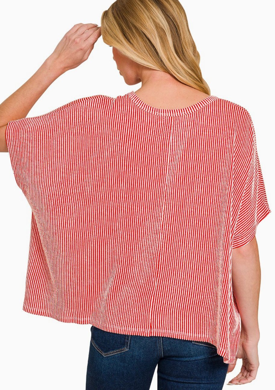 Ribbed Striped Oversized Short Sleeve Top