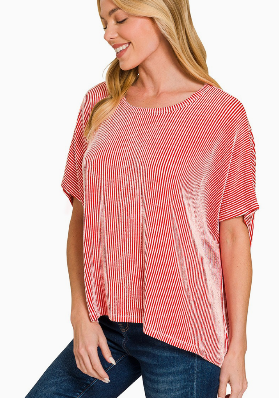Ribbed Striped Oversized Short Sleeve Top
