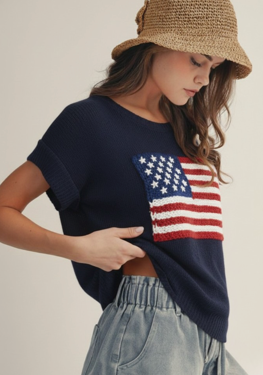 4th Of July American Flag V Neck Easy Knit Top