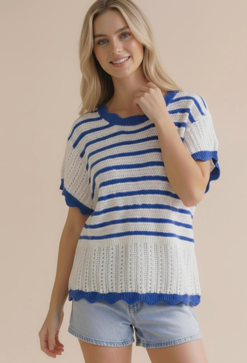 Plus Flutter Sleeve Scallop Hem Stripe Sweater Top