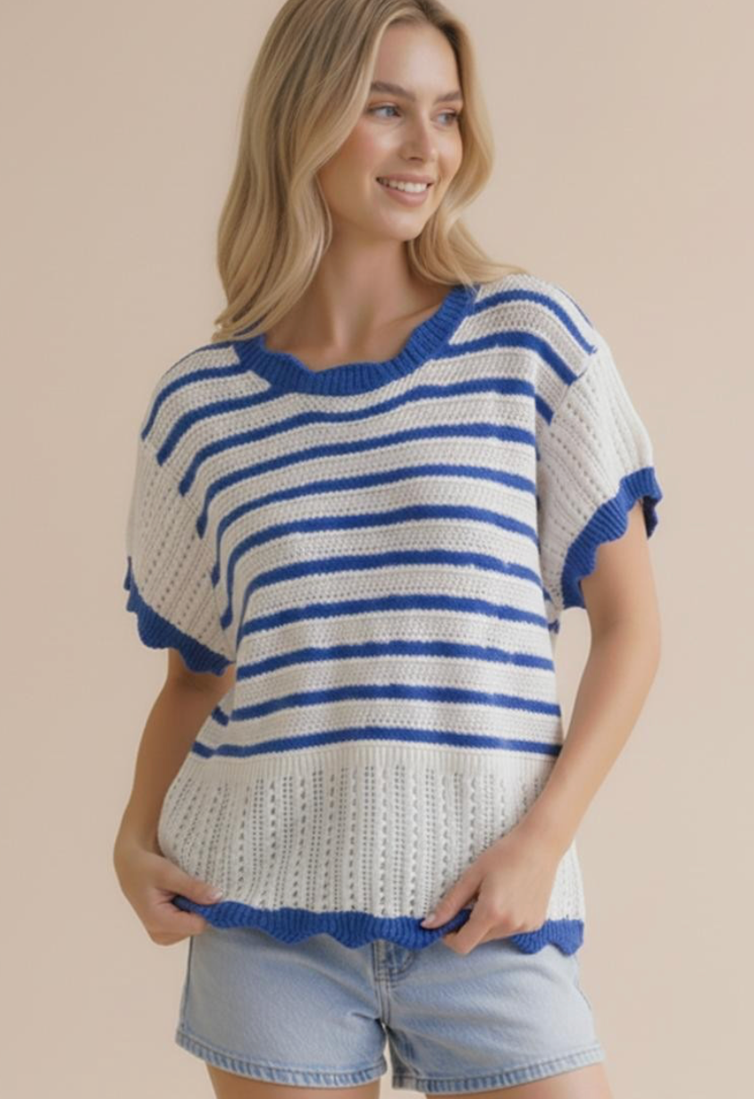 Plus Flutter Sleeve Scallop Hem Stripe Sweater Top