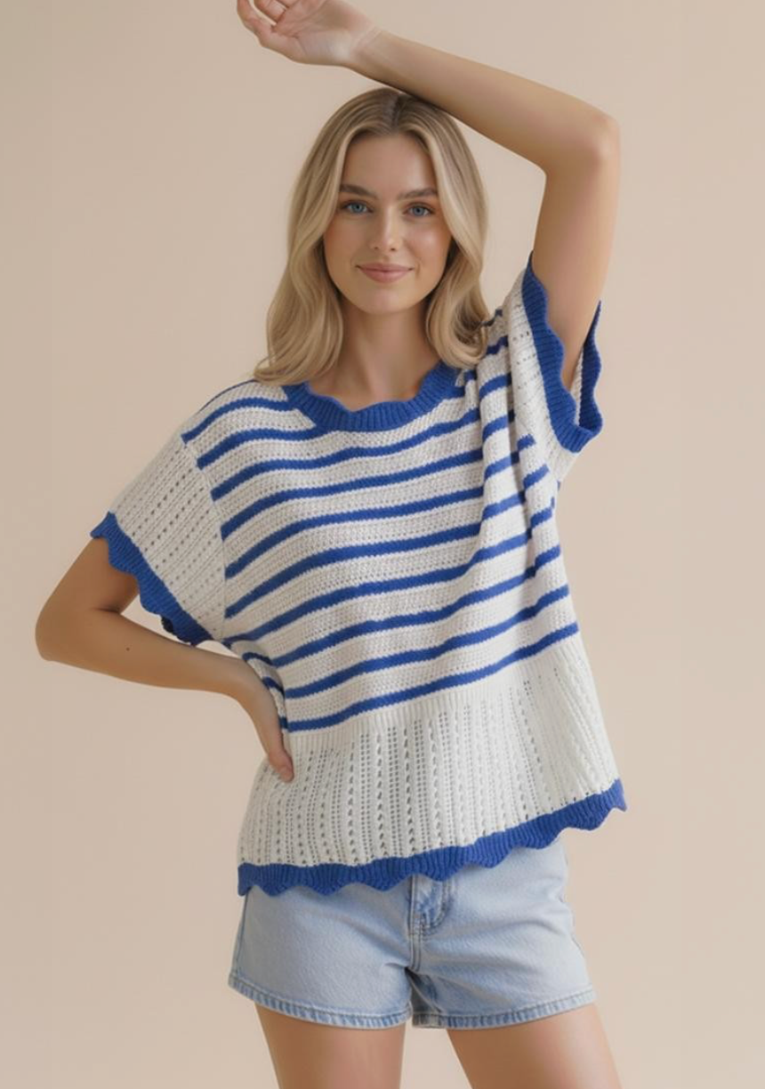 Plus Flutter Sleeve Scallop Hem Stripe Sweater Top