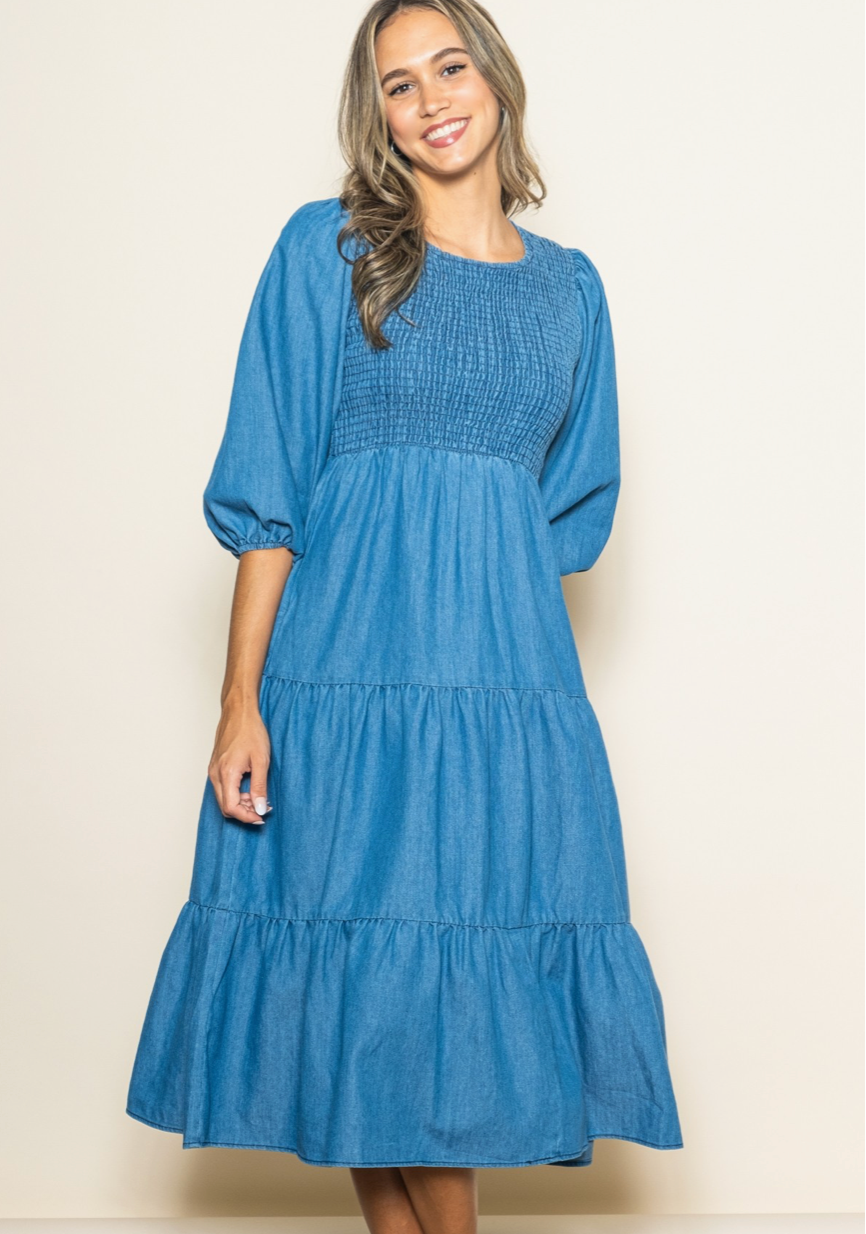 Vintage Washed Chambray Denim Midi Dress