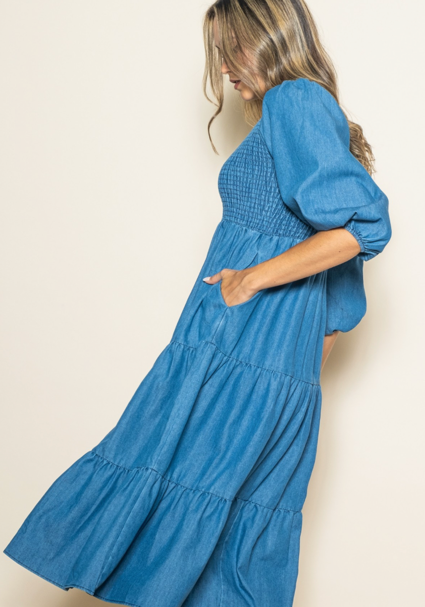 Vintage Washed Chambray Denim Midi Dress