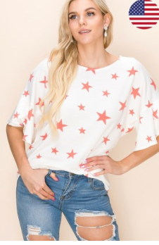 Short Bell Sleeves Loose Fit Stars Print Top