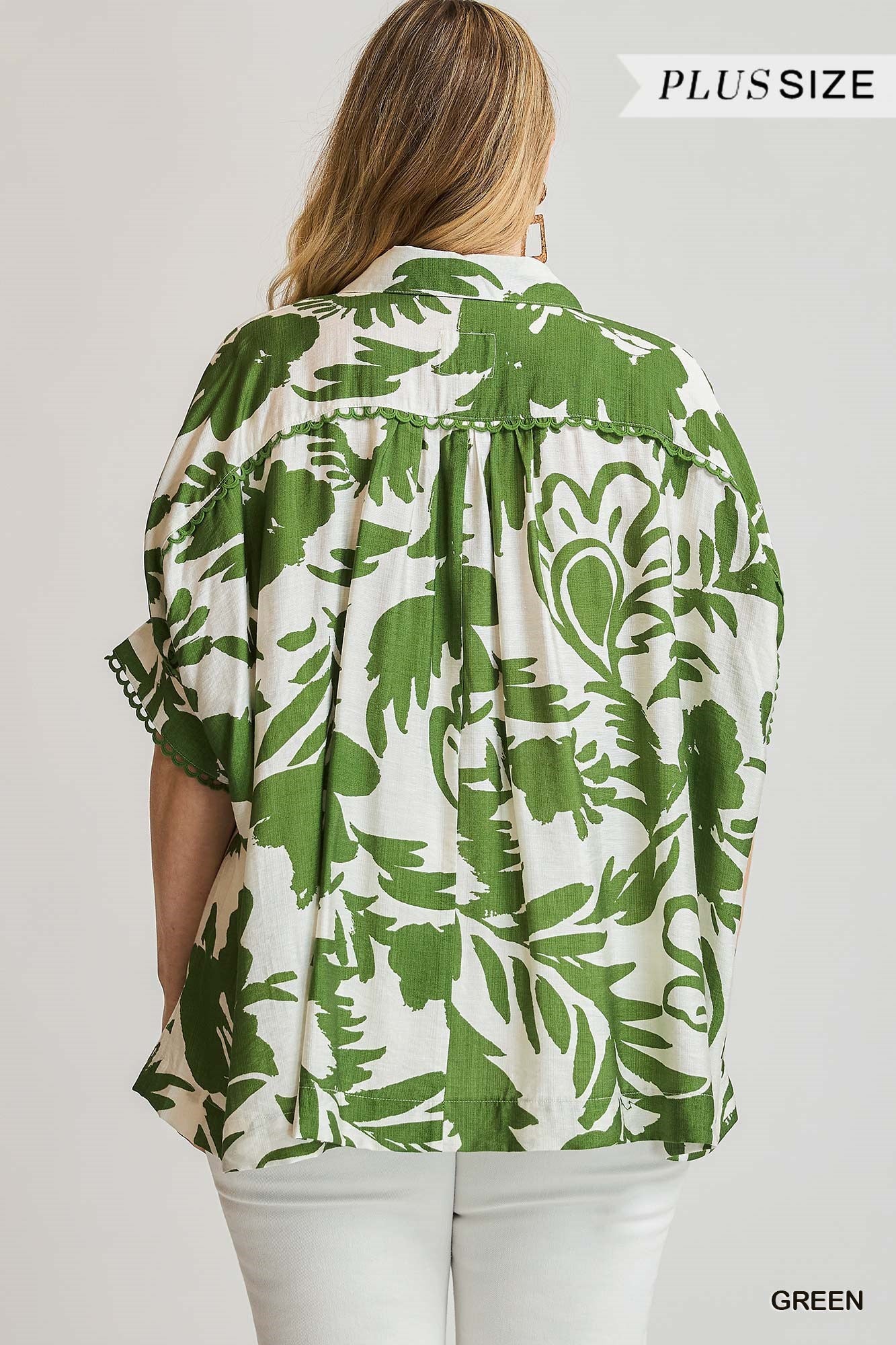 Green Bold Floral Print Button-Up Blouse