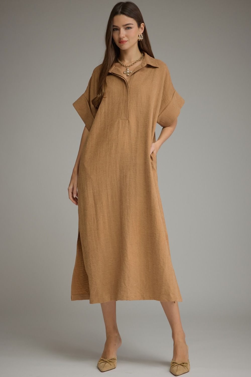 Camel Solid Short Sleeve Dress