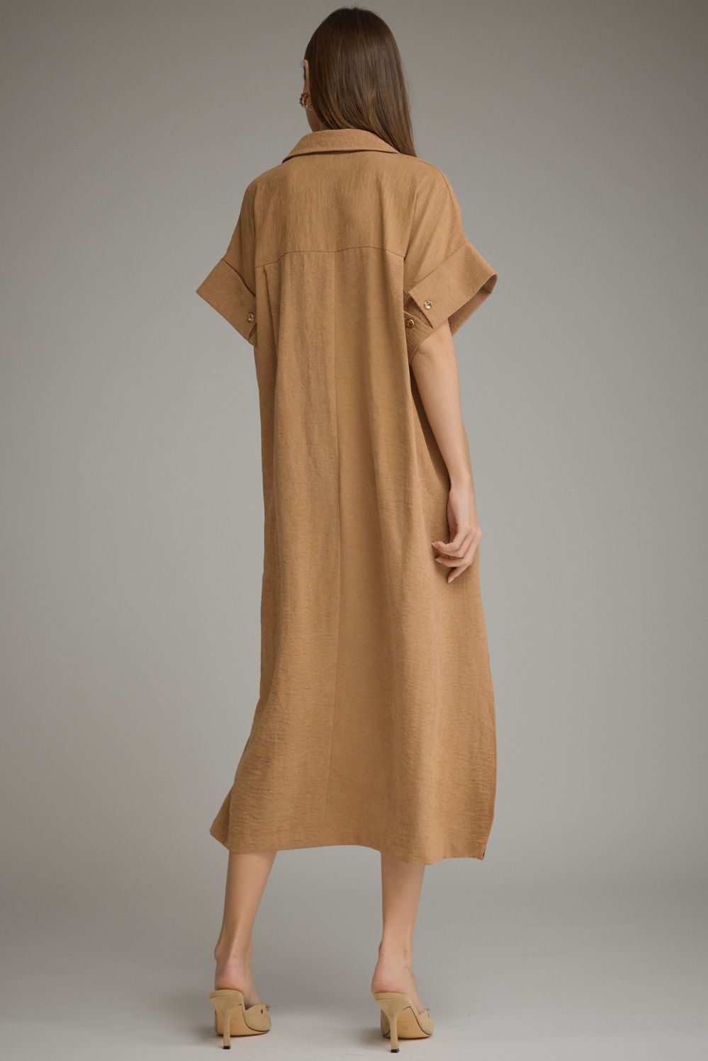 Camel Solid Short Sleeve Dress