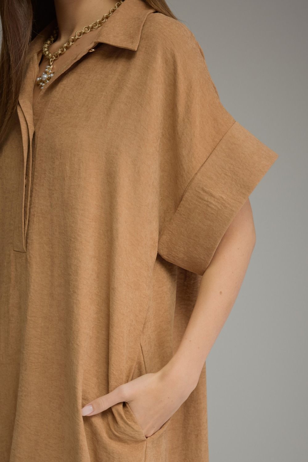 Camel Solid Short Sleeve Dress