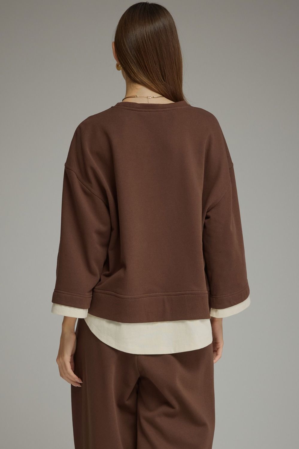Brown long sleeve top with a round neckline